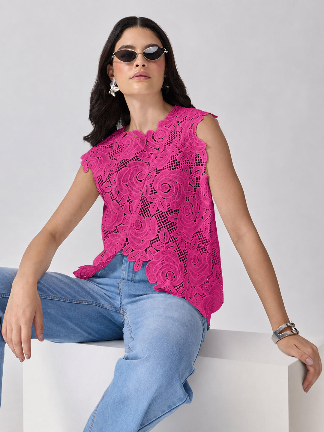 Women’s Floral Pink Crochet Asymmetric Top with Scalloped Hem