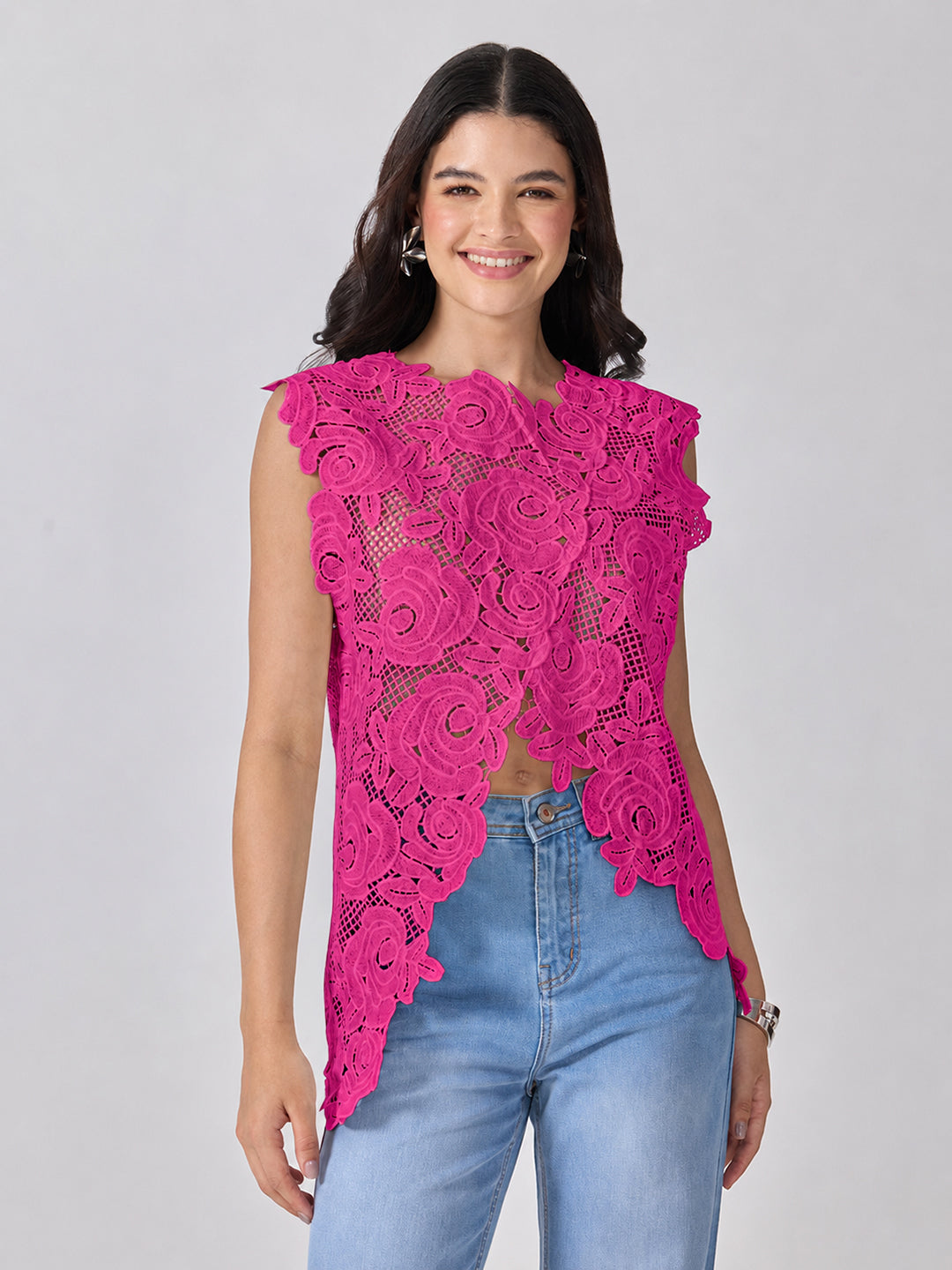Women’s Floral Pink Crochet Asymmetric Top with Scalloped Hem