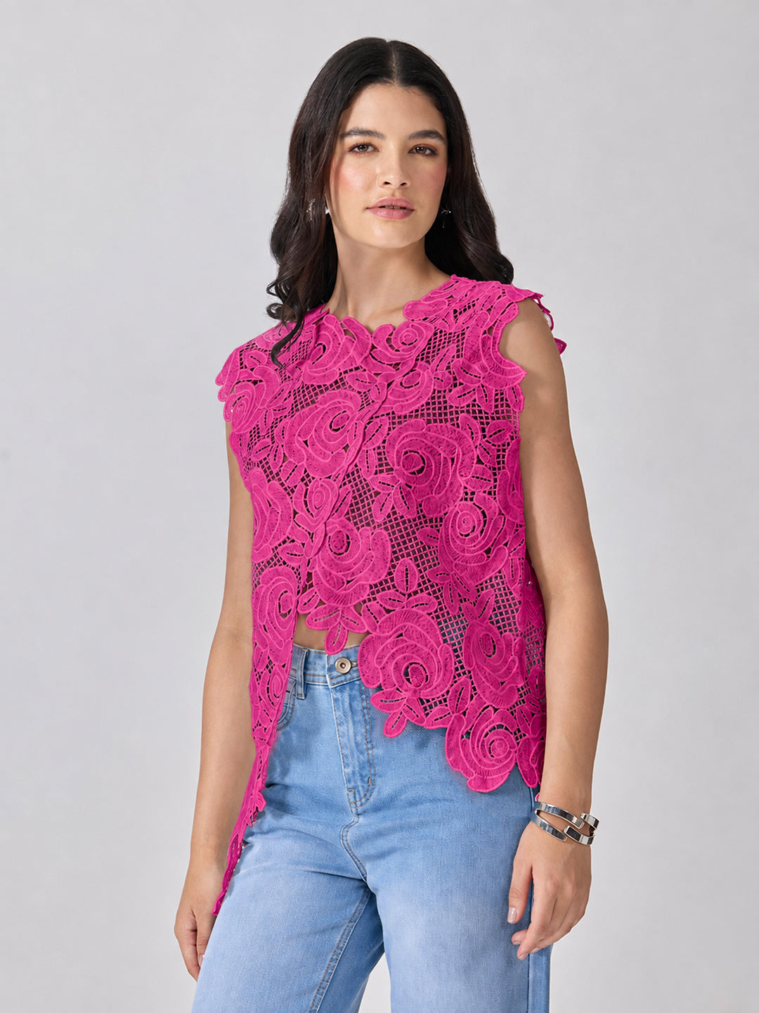 Women’s Floral Pink Crochet Asymmetric Top with Scalloped Hem