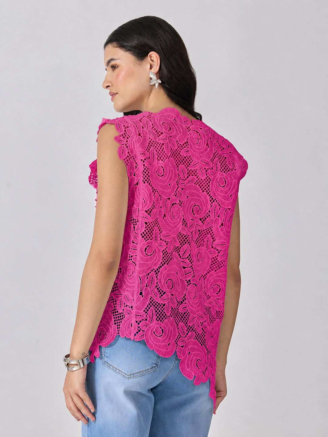 Women’s Floral Pink Crochet Asymmetric Top with Scalloped Hem