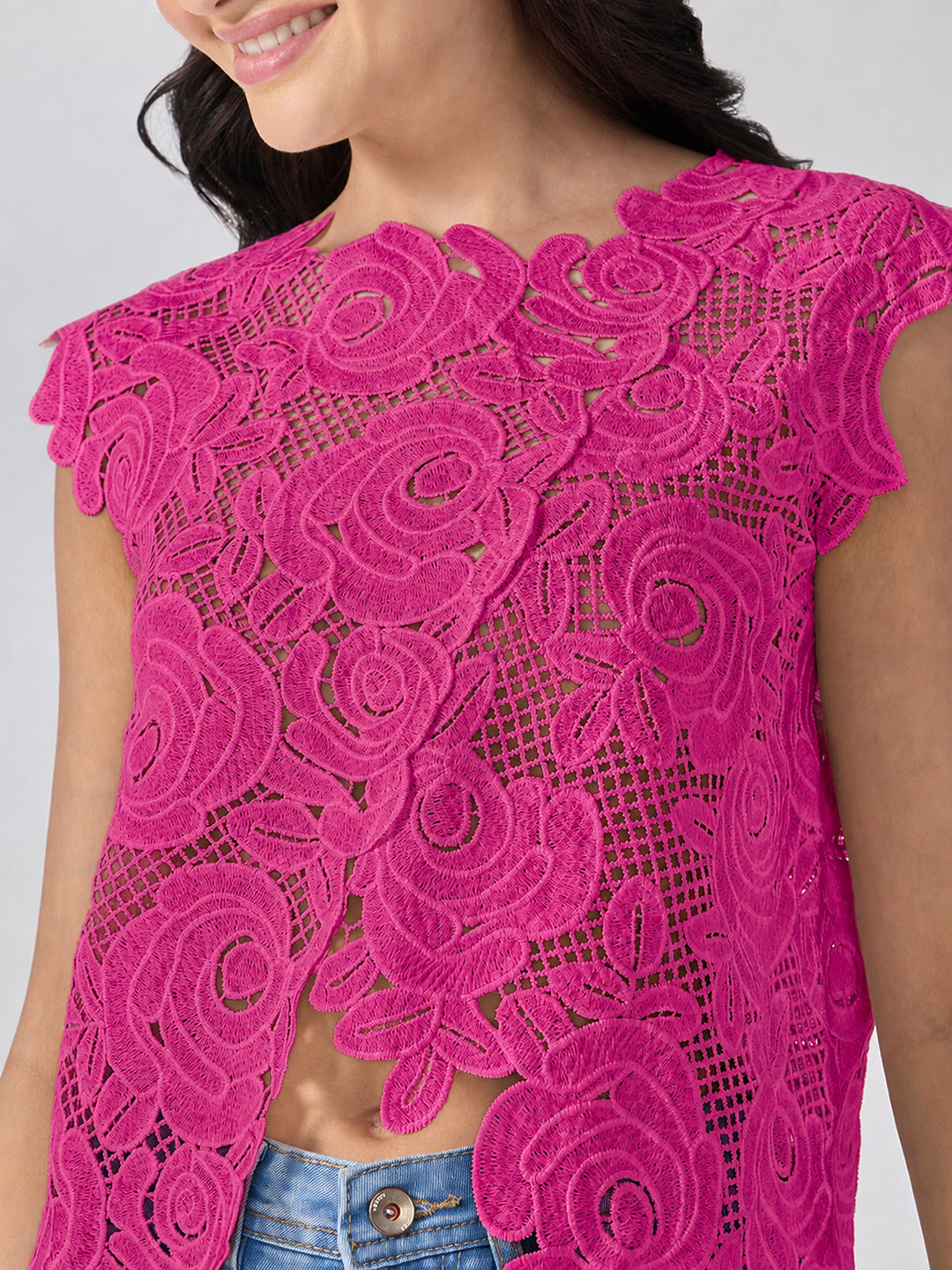 Women’s Floral Pink Crochet Asymmetric Top with Scalloped Hem