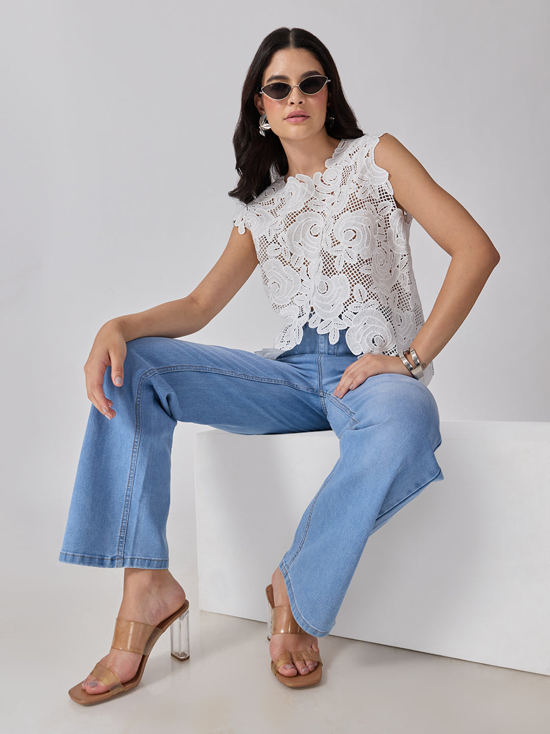 Women’s Floral White Crochet Asymmetric Top with Scalloped Hem