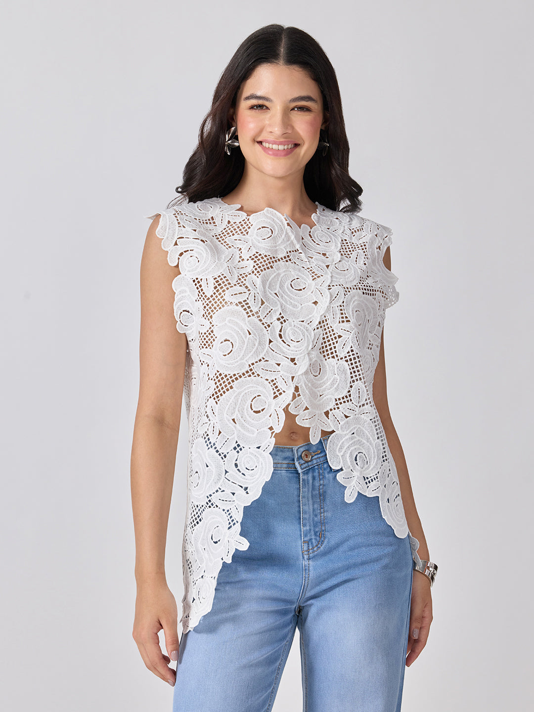 Women’s Floral White Crochet Asymmetric Top with Scalloped Hem