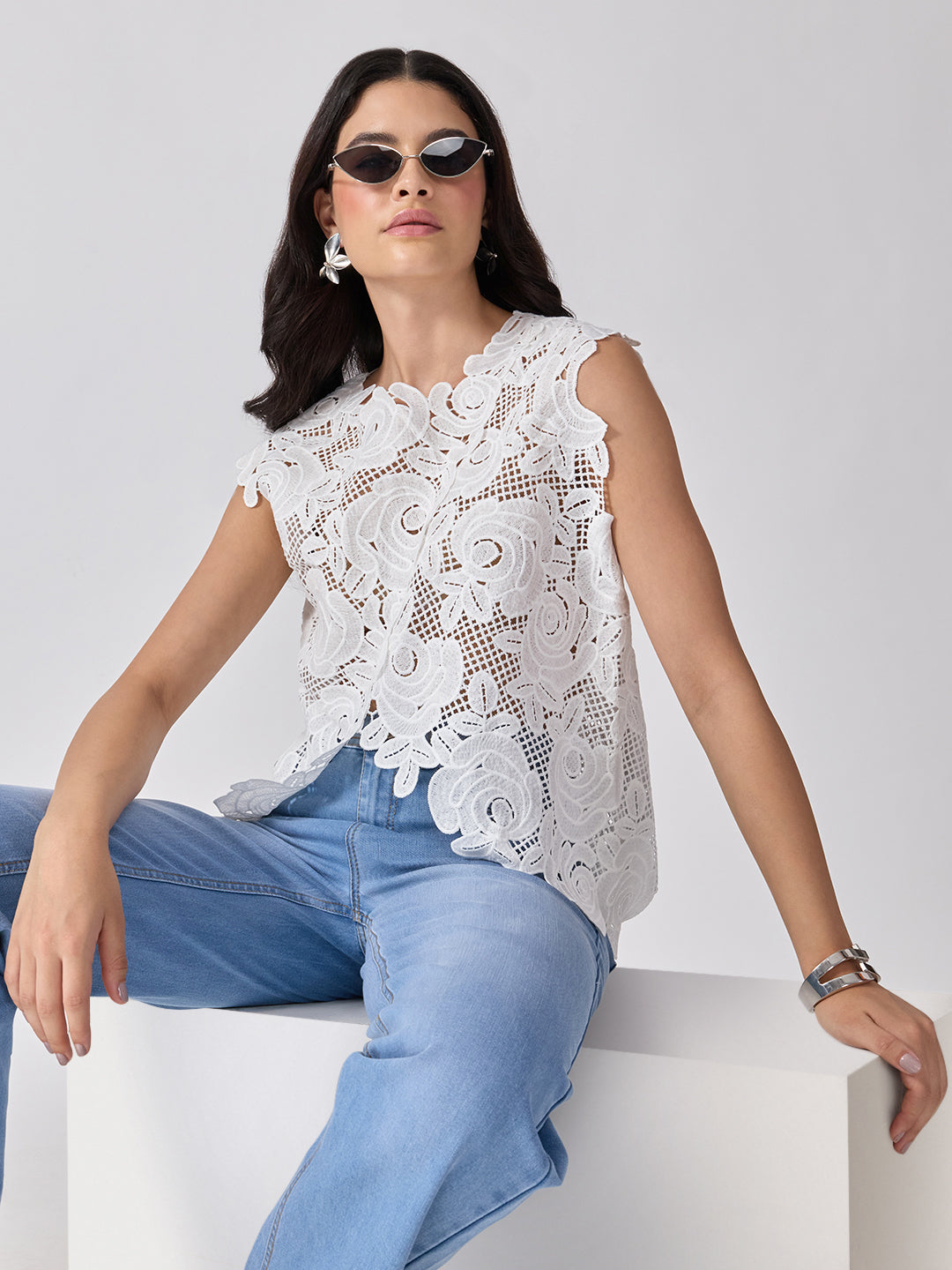 Women’s Floral White Crochet Asymmetric Top with Scalloped Hem