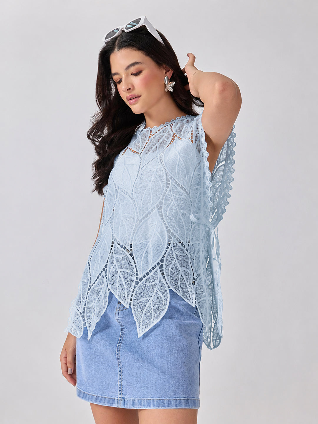 Women’s Leaf Pattern Blue Longline Top with Side Tie-Ups