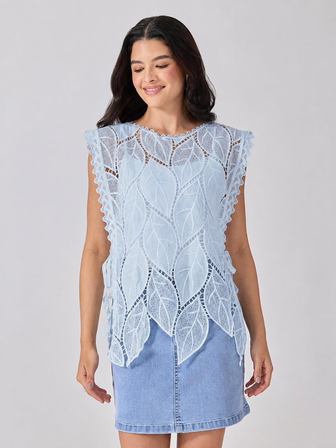 Women’s Leaf Pattern Blue Longline Top with Side Tie-Ups