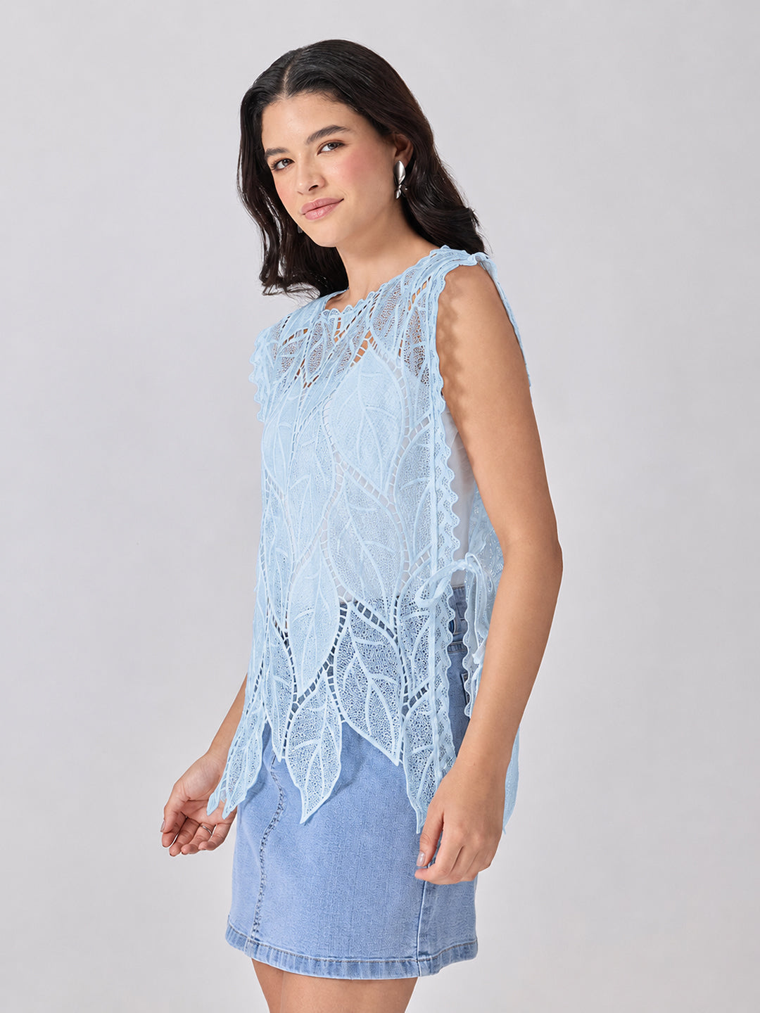 Women’s Leaf Pattern Blue Longline Top with Side Tie-Ups