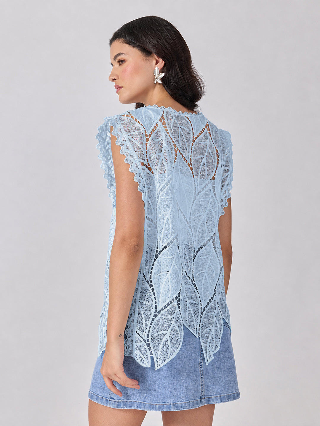 Women’s Leaf Pattern Blue Longline Top with Side Tie-Ups