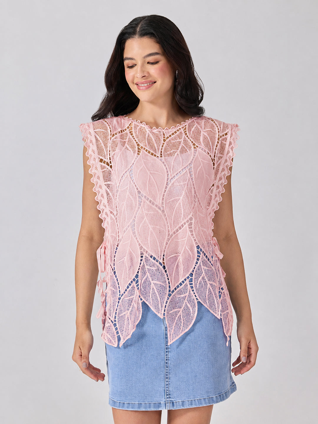 Women’s Leaf Pattern Pink Longline Top with Side Tie-Ups