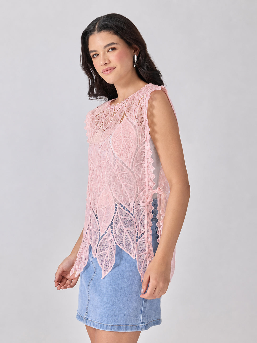 Women’s Leaf Pattern Pink Longline Top with Side Tie-Ups