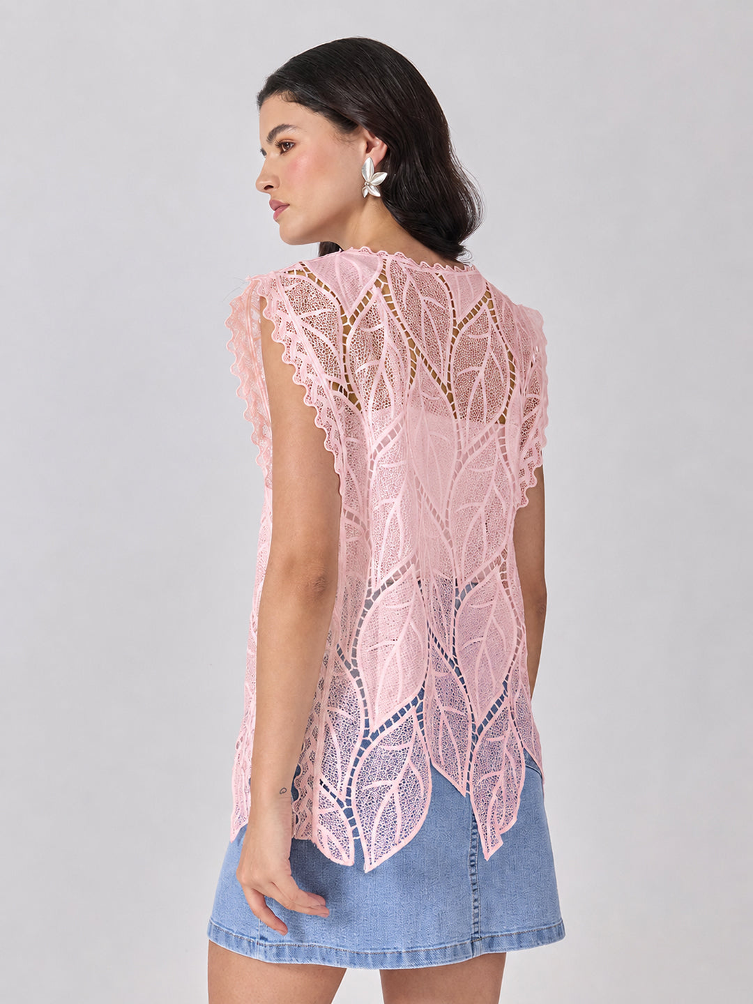 Women’s Leaf Pattern Pink Longline Top with Side Tie-Ups