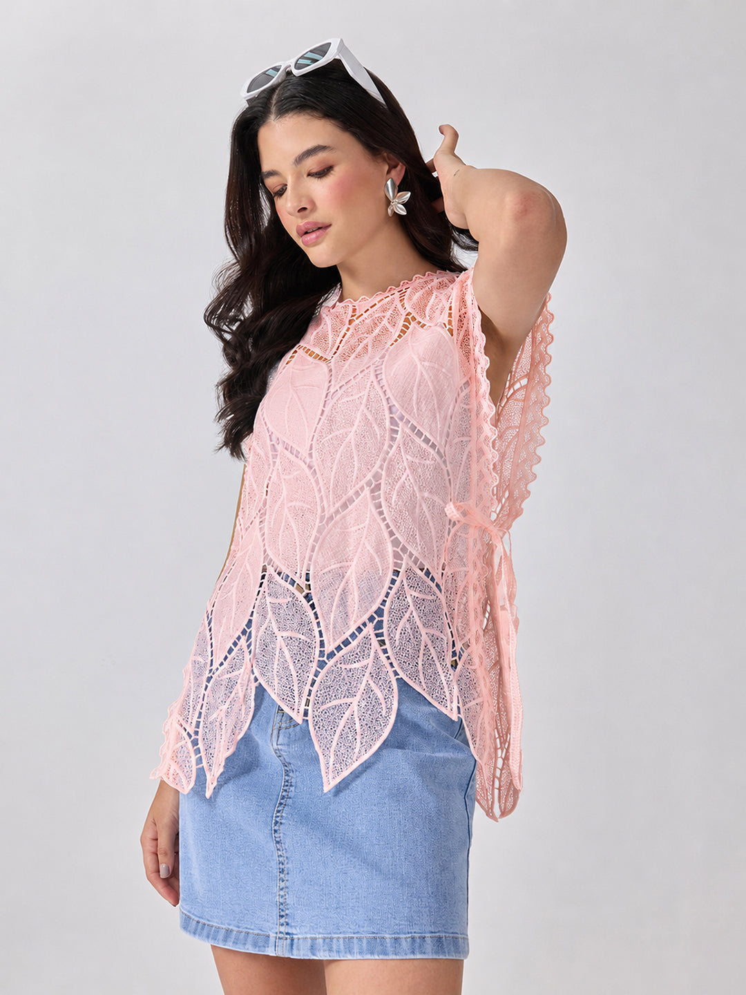 Women’s Leaf Pattern Pink Longline Top with Side Tie-Ups