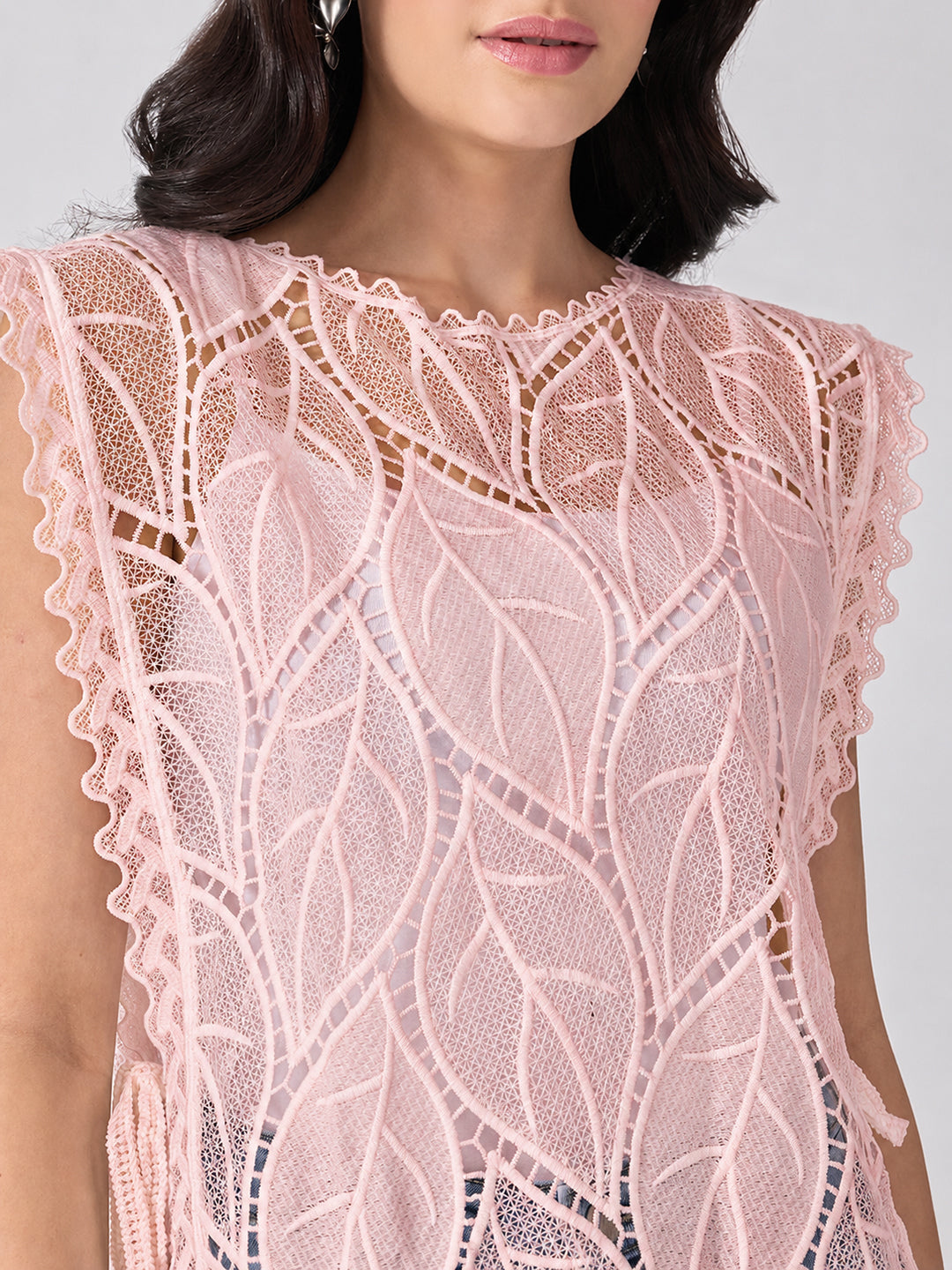 Women’s Leaf Pattern Pink Longline Top with Side Tie-Ups