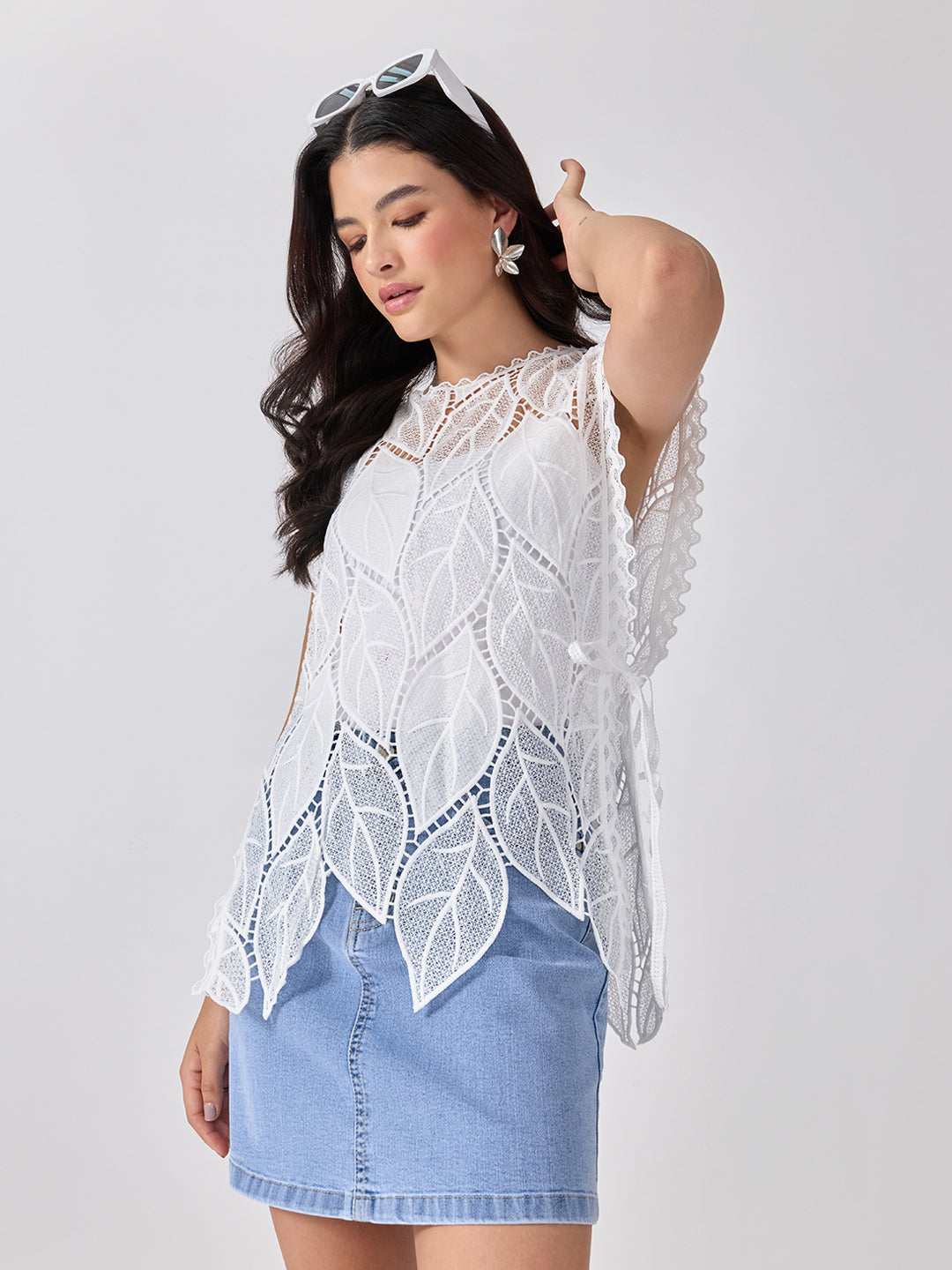 Women’s Leaf Pattern White Longline Top with Side Tie-Ups