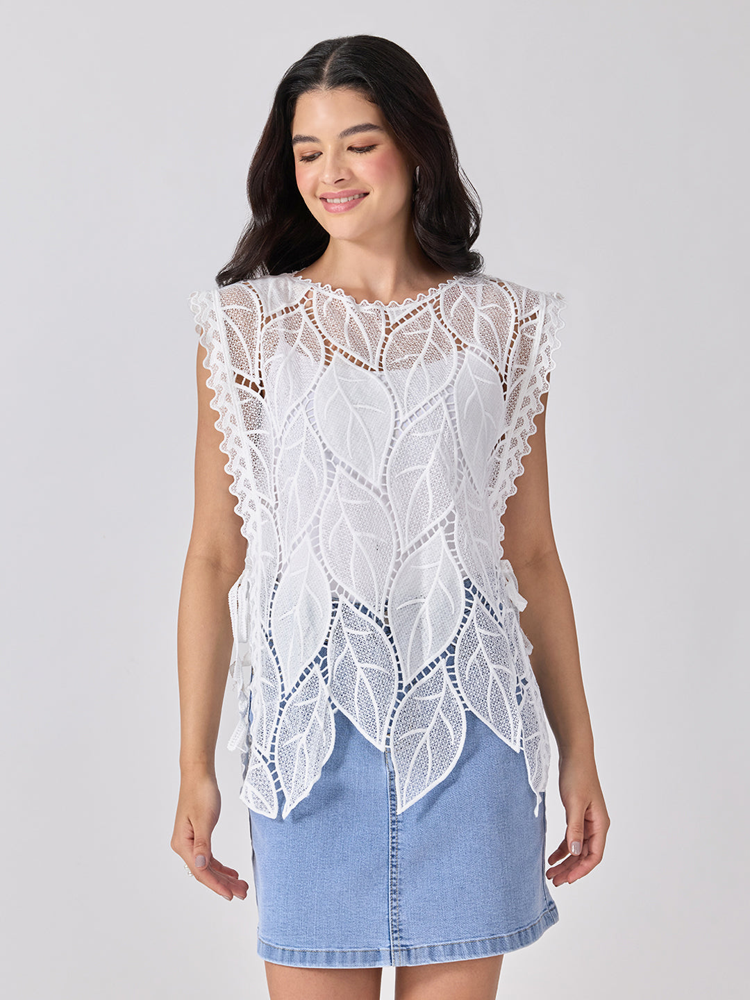 Women’s Leaf Pattern White Longline Top with Side Tie-Ups