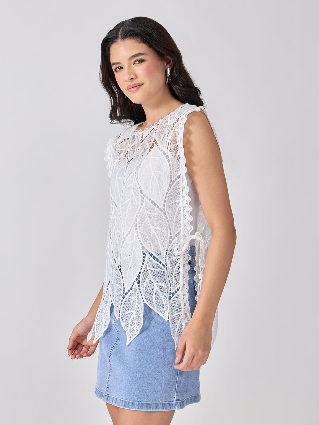 Women’s Leaf Pattern White Longline Top with Side Tie-Ups