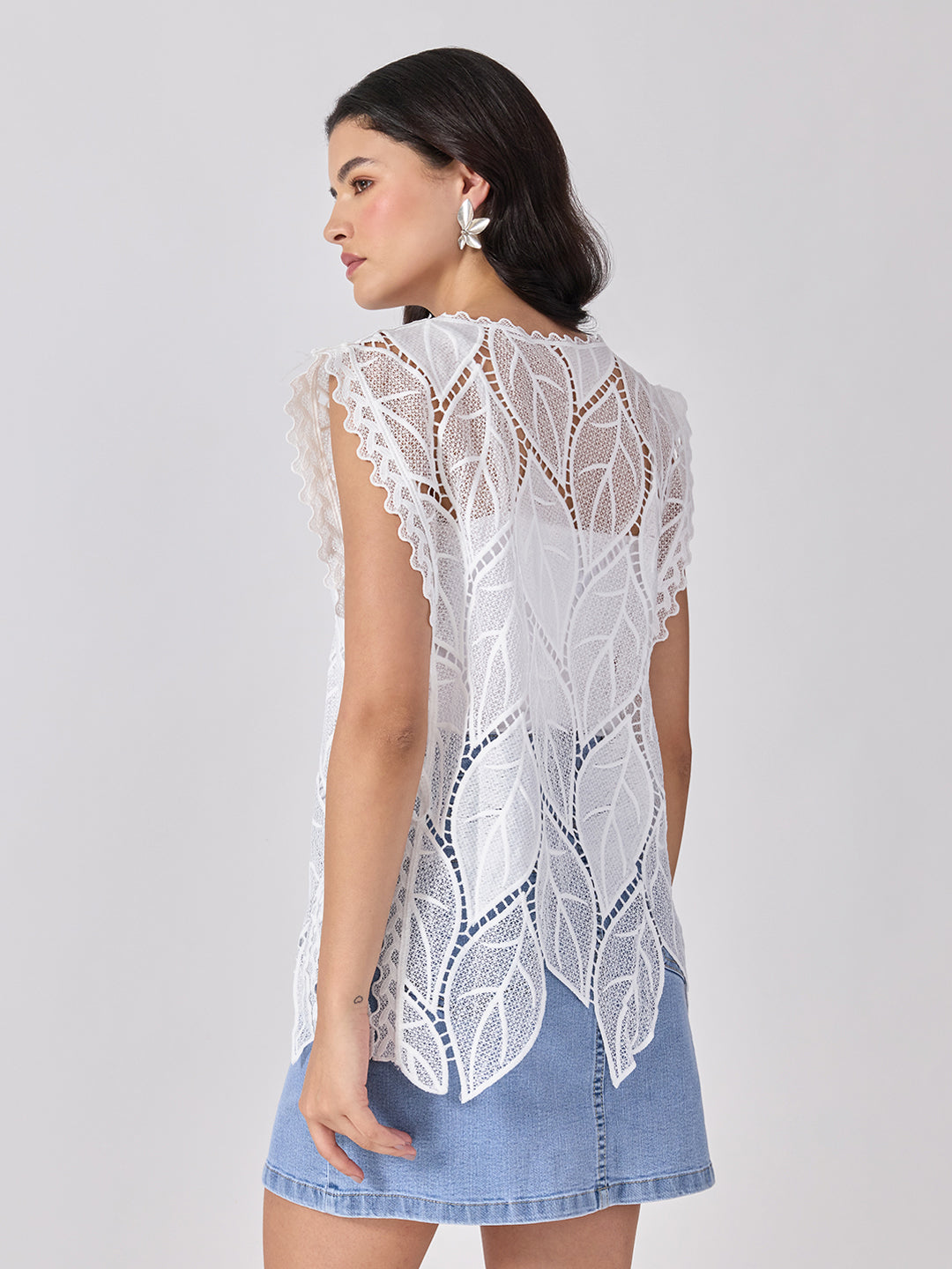 Women’s Leaf Pattern White Longline Top with Side Tie-Ups
