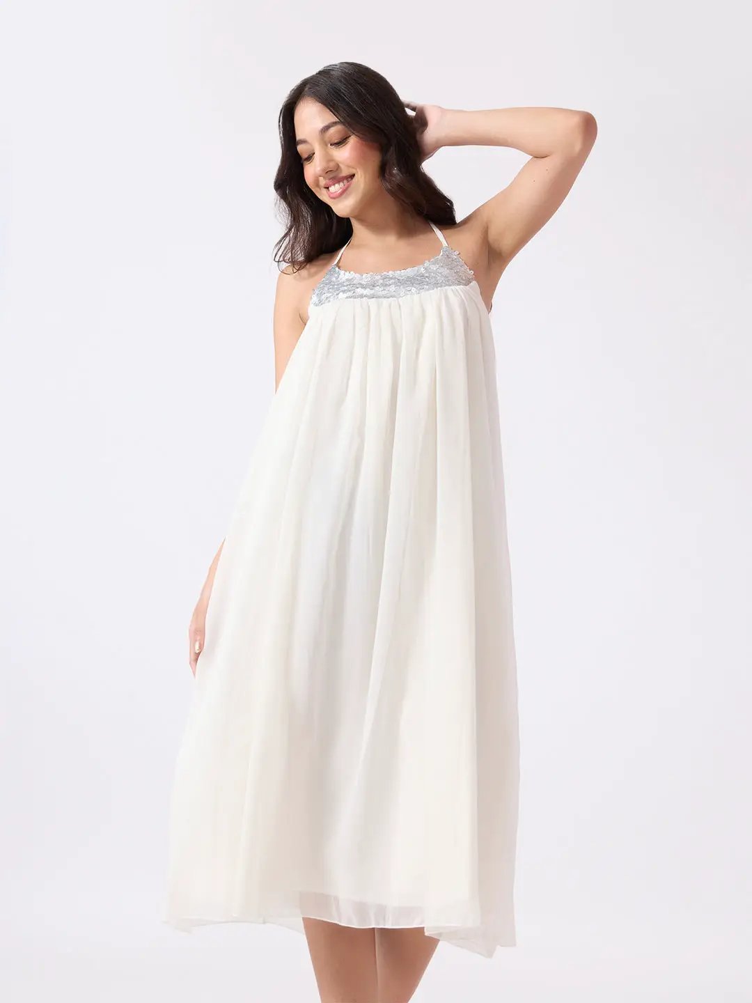 Women's Off White Halter Neck Midi Dress with Sequin Embellished Yoke