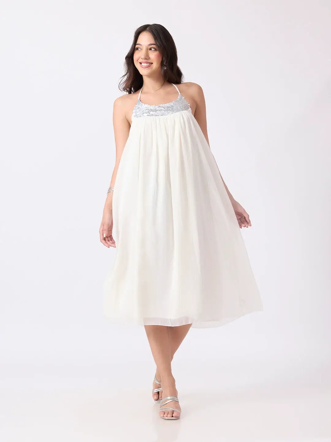 Women's Off White Halter Neck Midi Dress with Sequin Embellished Yoke