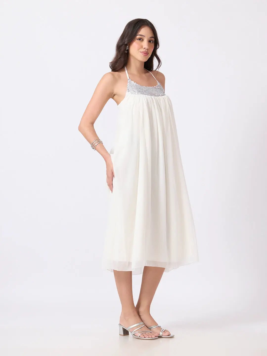 Women's Off White Halter Neck Midi Dress with Sequin Embellished Yoke