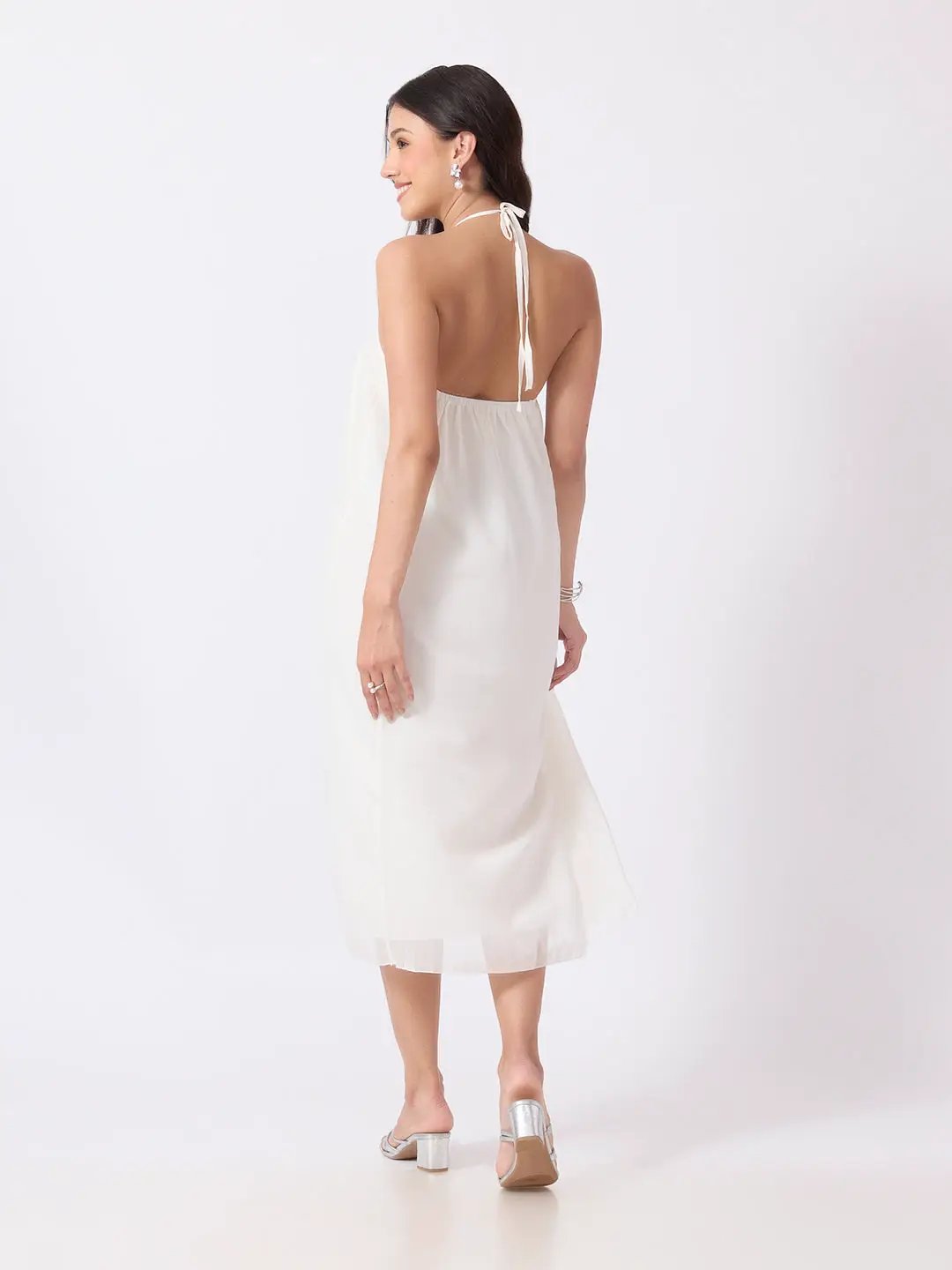 Women's Off White Halter Neck Midi Dress with Sequin Embellished Yoke