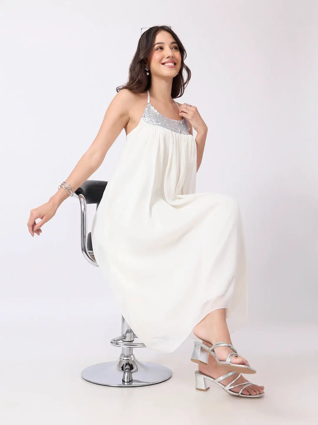 Women's Off White Halter Neck Midi Dress with Sequin Embellished Yoke