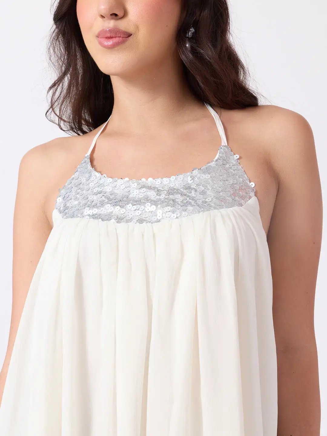Women's Off White Halter Neck Midi Dress with Sequin Embellished Yoke