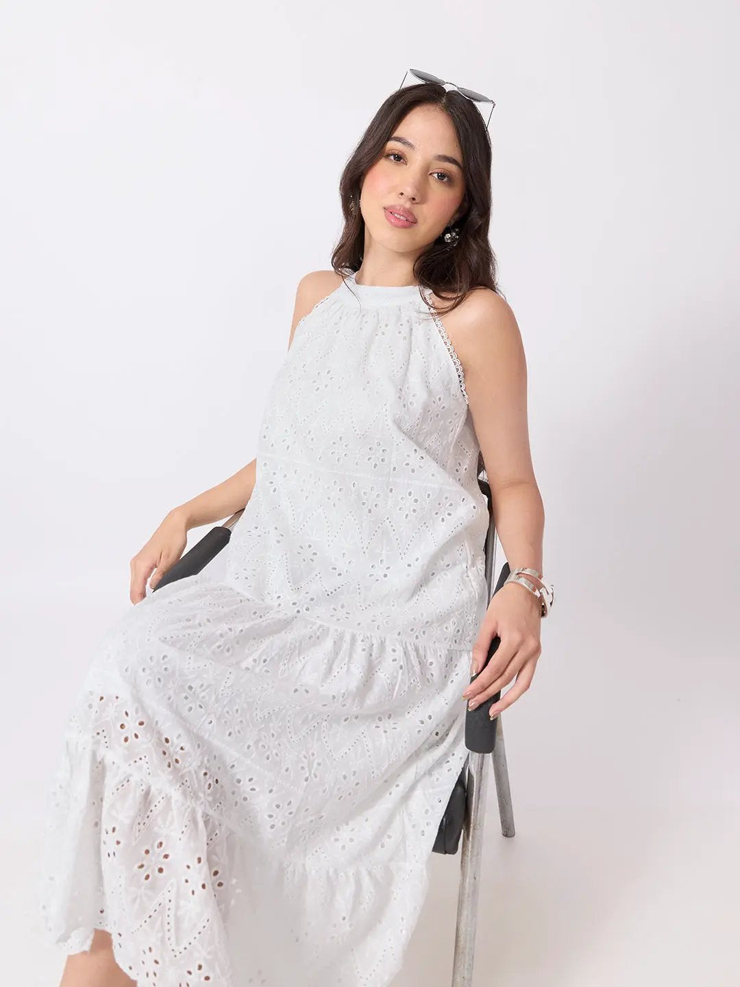 Women's Schiffli Embroidered White Halter Neck Midi Dress with Scalloped Hem