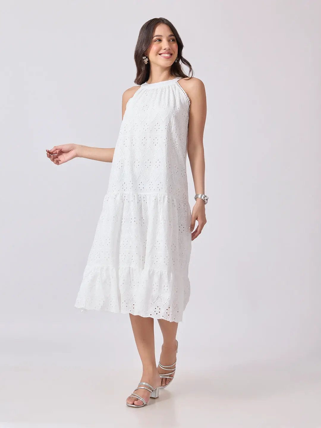 Women's Schiffli Embroidered White Halter Neck Midi Dress with Scalloped Hem
