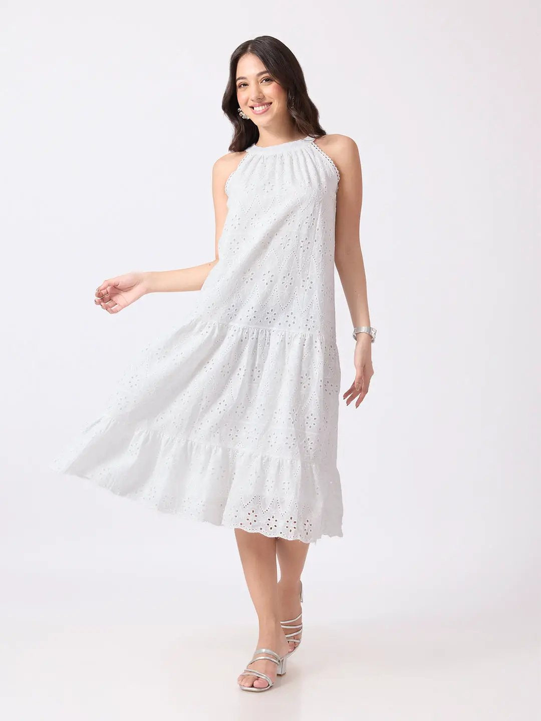 Women's Schiffli Embroidered White Halter Neck Midi Dress with Scalloped Hem