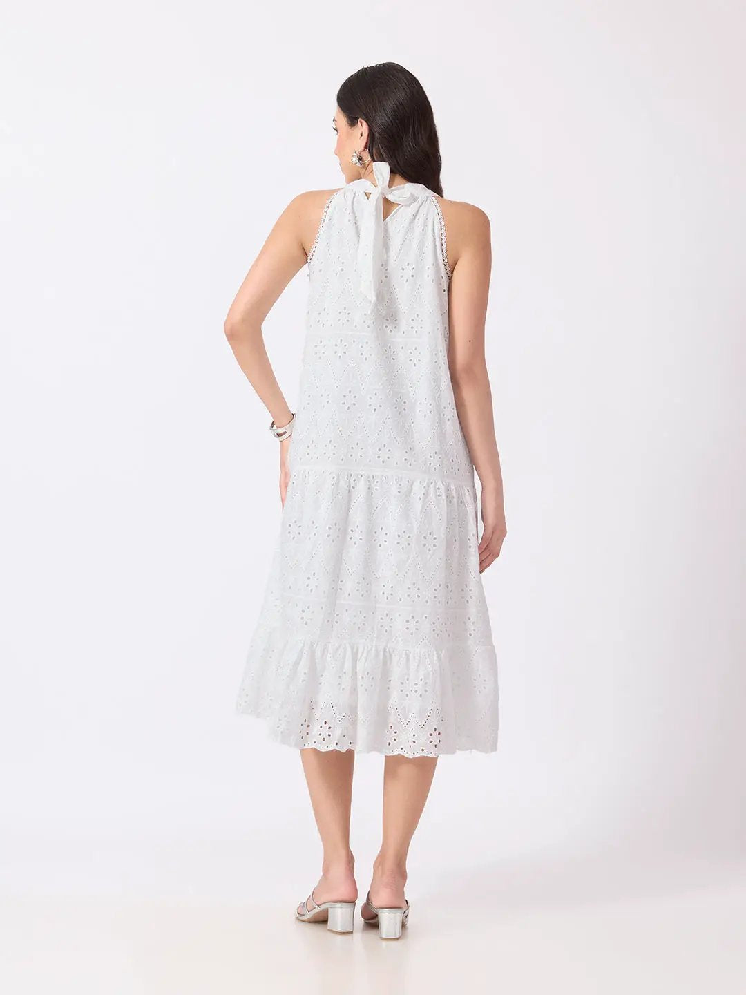 Women's Schiffli Embroidered White Halter Neck Midi Dress with Scalloped Hem
