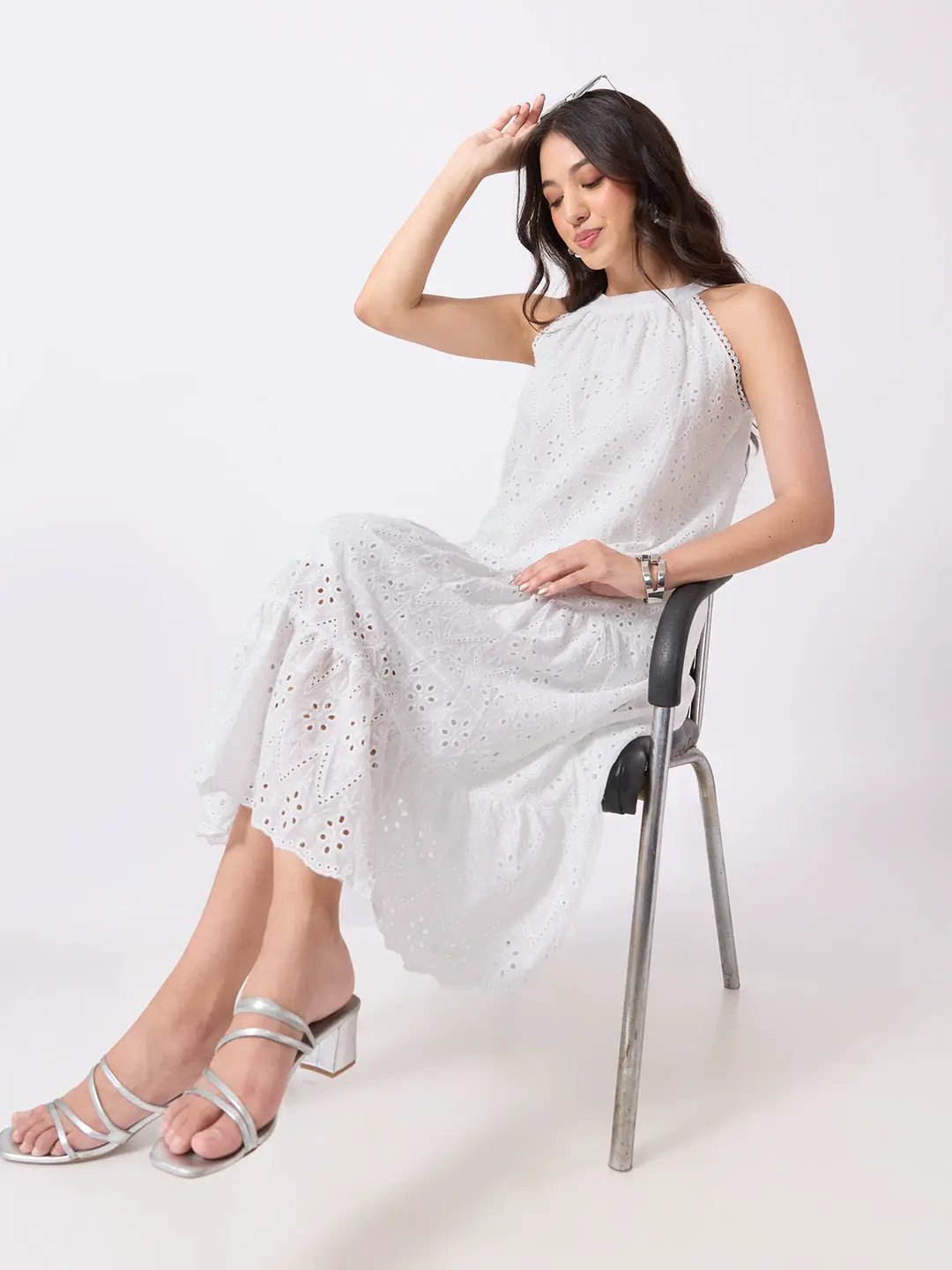 Women's Schiffli Embroidered White Halter Neck Midi Dress with Scalloped Hem