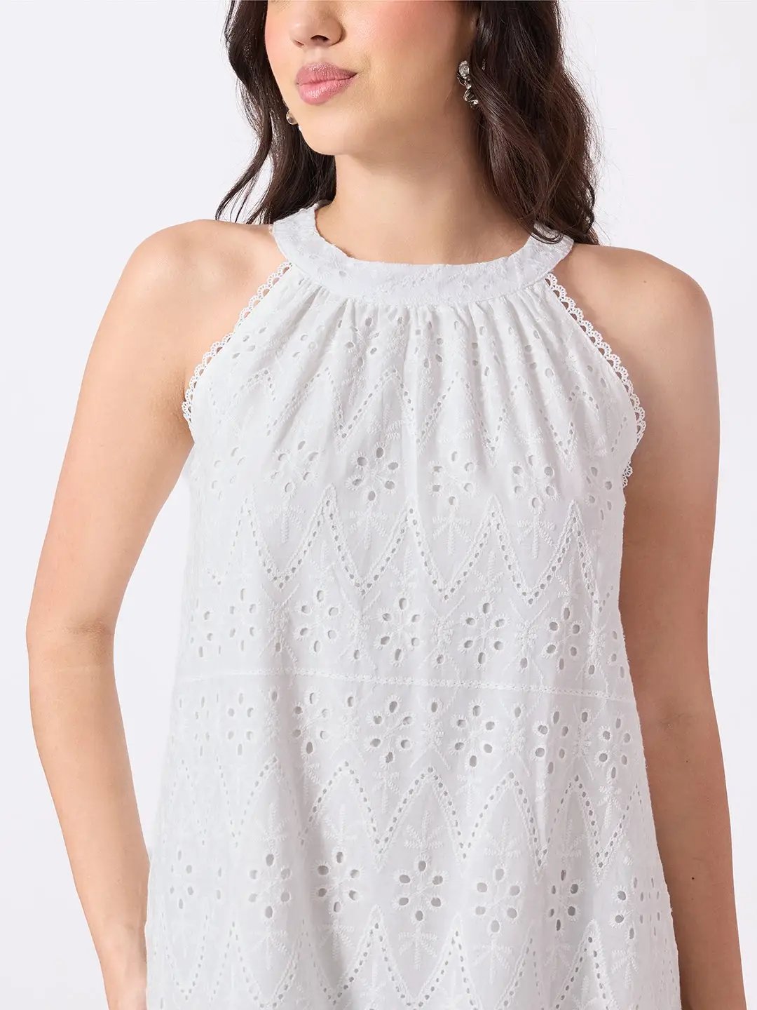 Women's Schiffli Embroidered White Halter Neck Midi Dress with Scalloped Hem