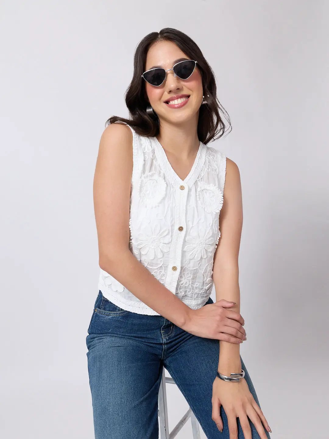 Women's White Crochet Scalloped Hem Top