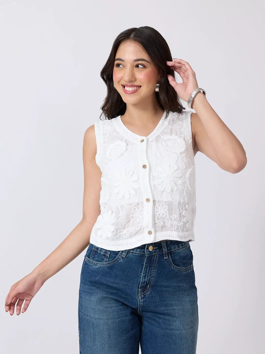 Women's White Crochet Scalloped Hem Top