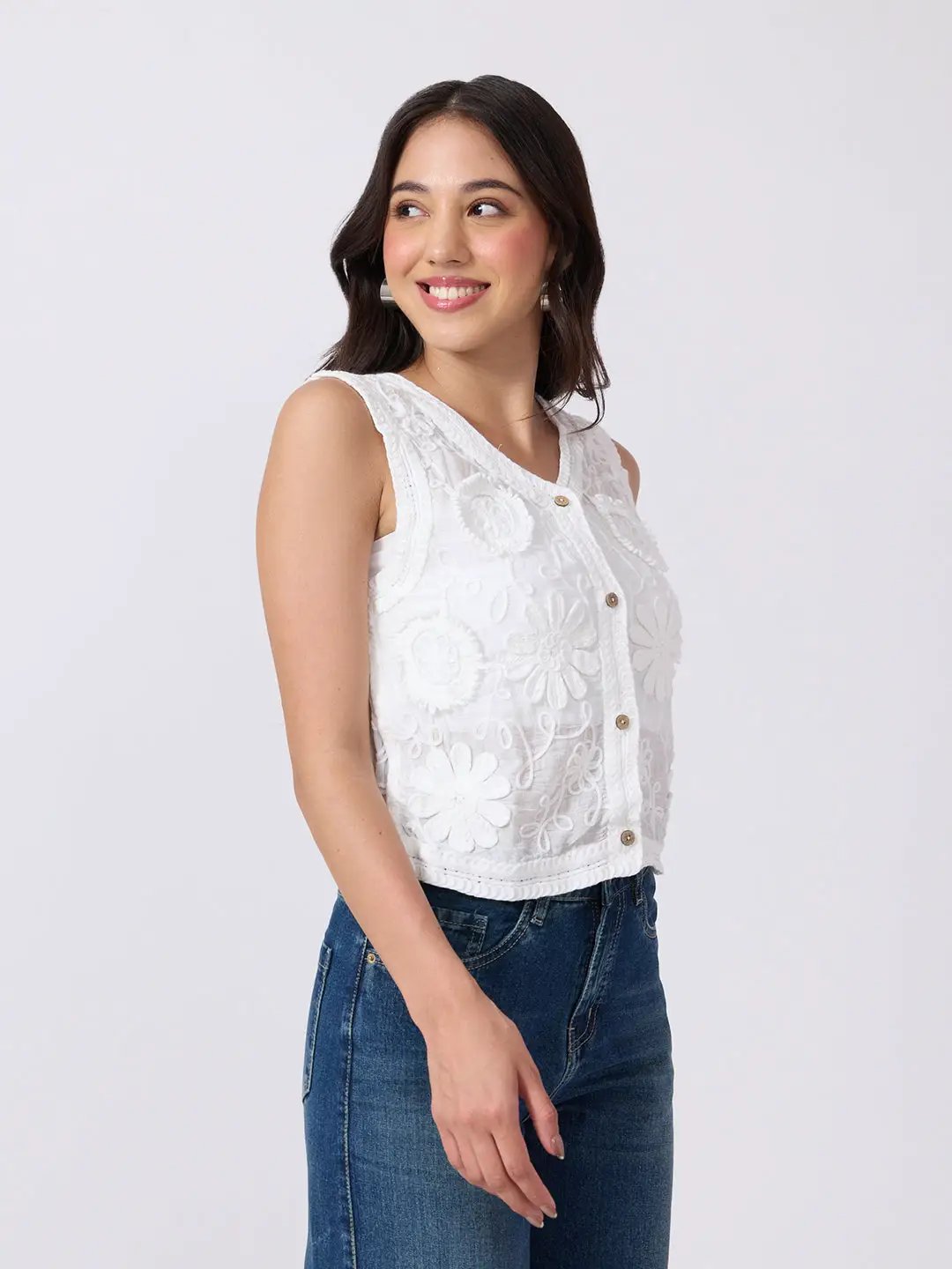 Women's White Crochet Scalloped Hem Top