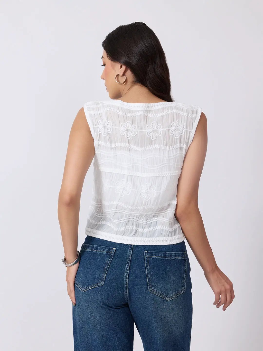Women's White Crochet Scalloped Hem Top