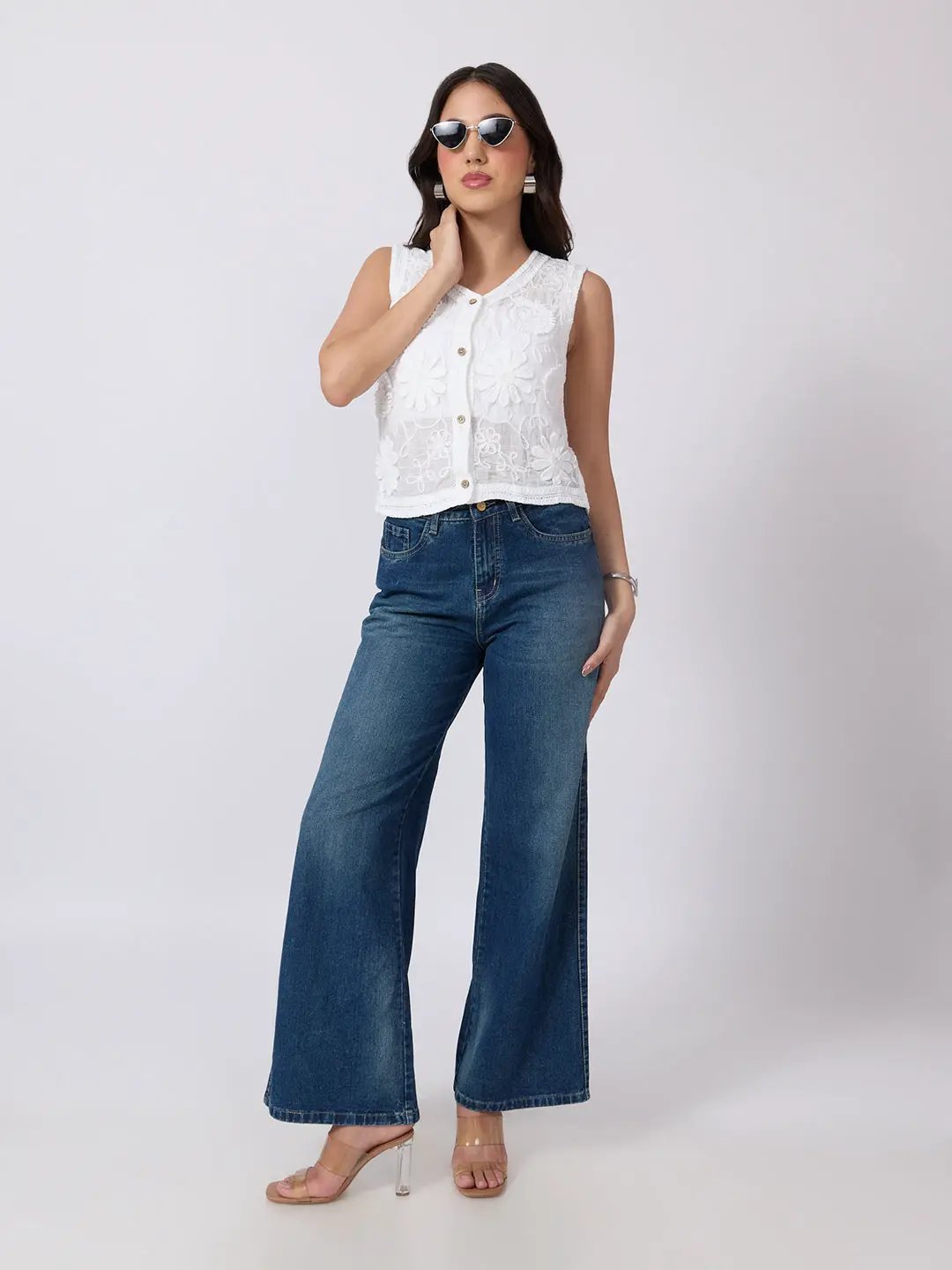 Women's White Crochet Scalloped Hem Top