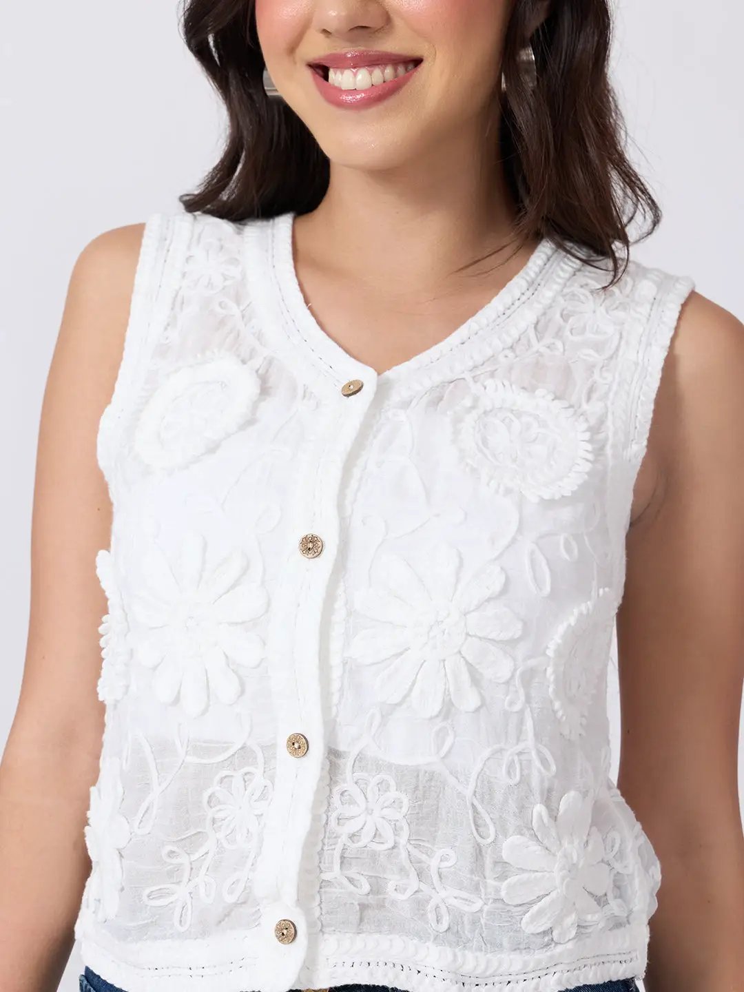 Women's White Crochet Scalloped Hem Top
