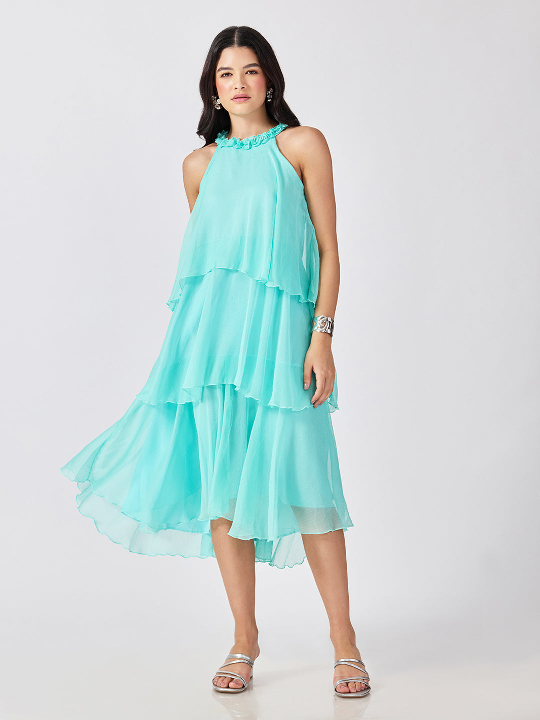 Women’s Blue Tiered Midi Dress with Ruffled Halter Neck