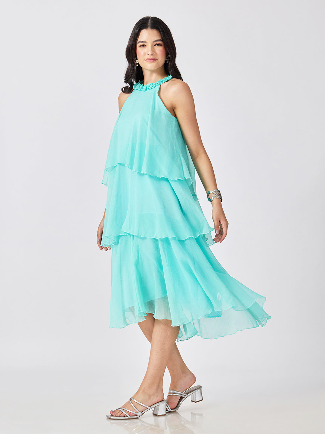 Women’s Blue Tiered Midi Dress with Ruffled Halter Neck