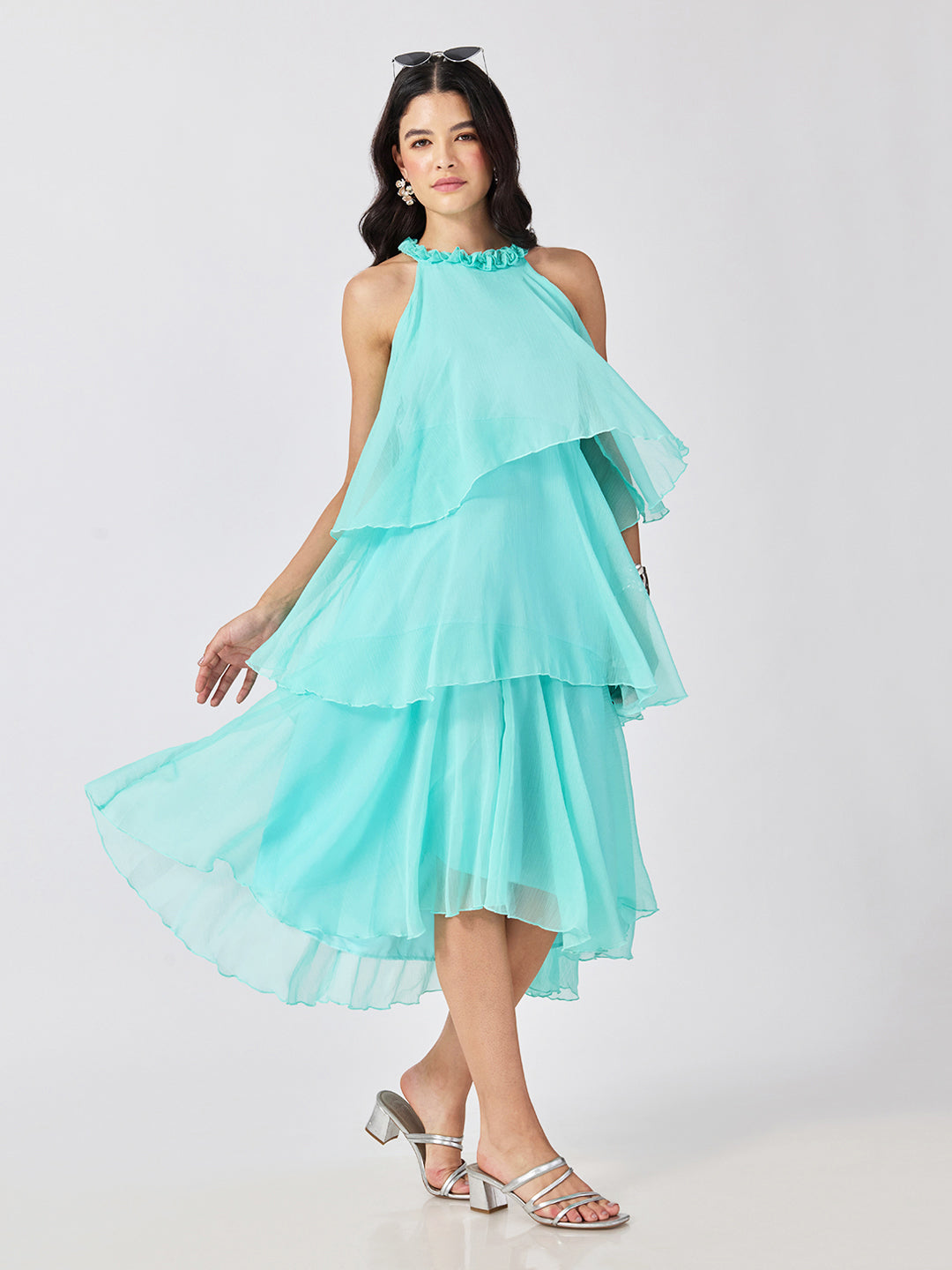 Women’s Blue Tiered Midi Dress with Ruffled Halter Neck