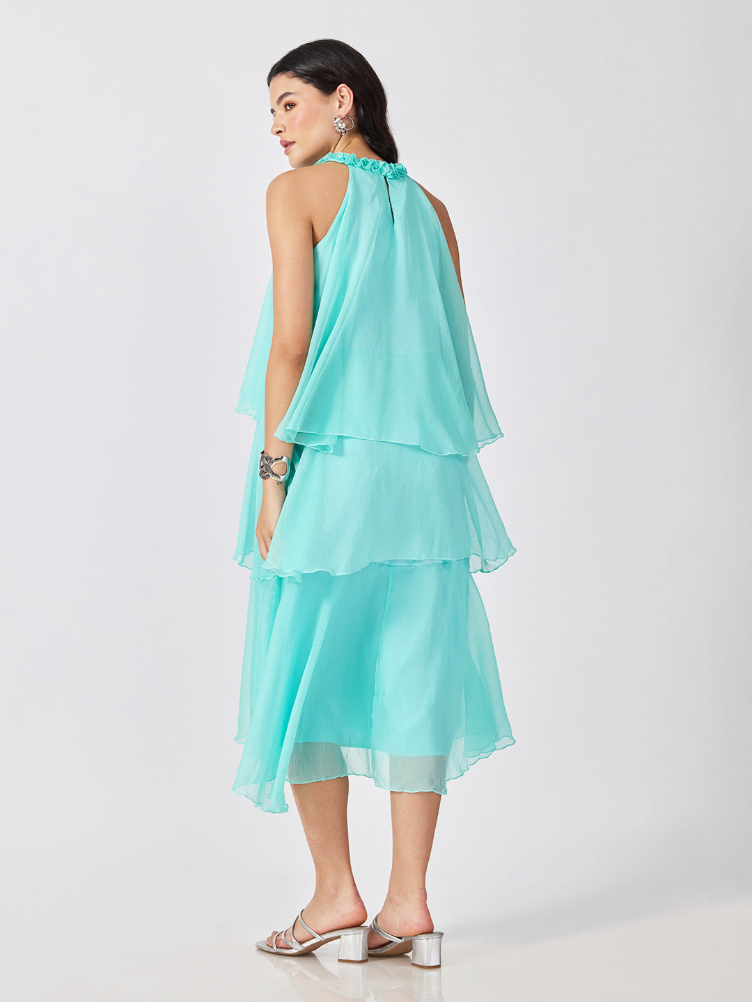 Women’s Blue Tiered Midi Dress with Ruffled Halter Neck