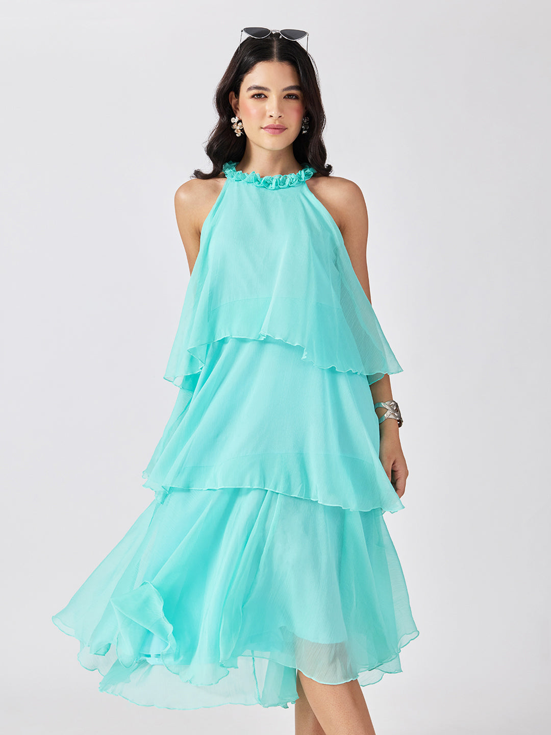 Women’s Blue Tiered Midi Dress with Ruffled Halter Neck