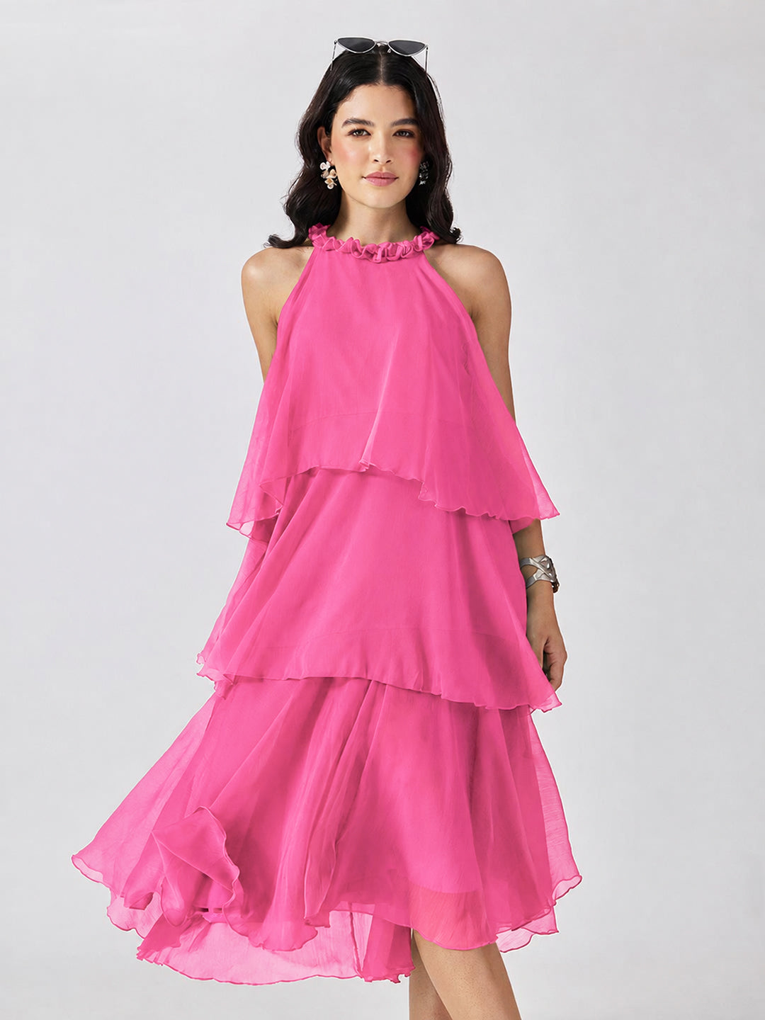 Women’s Pink Tiered Midi Dress with Ruffled Halter Neck