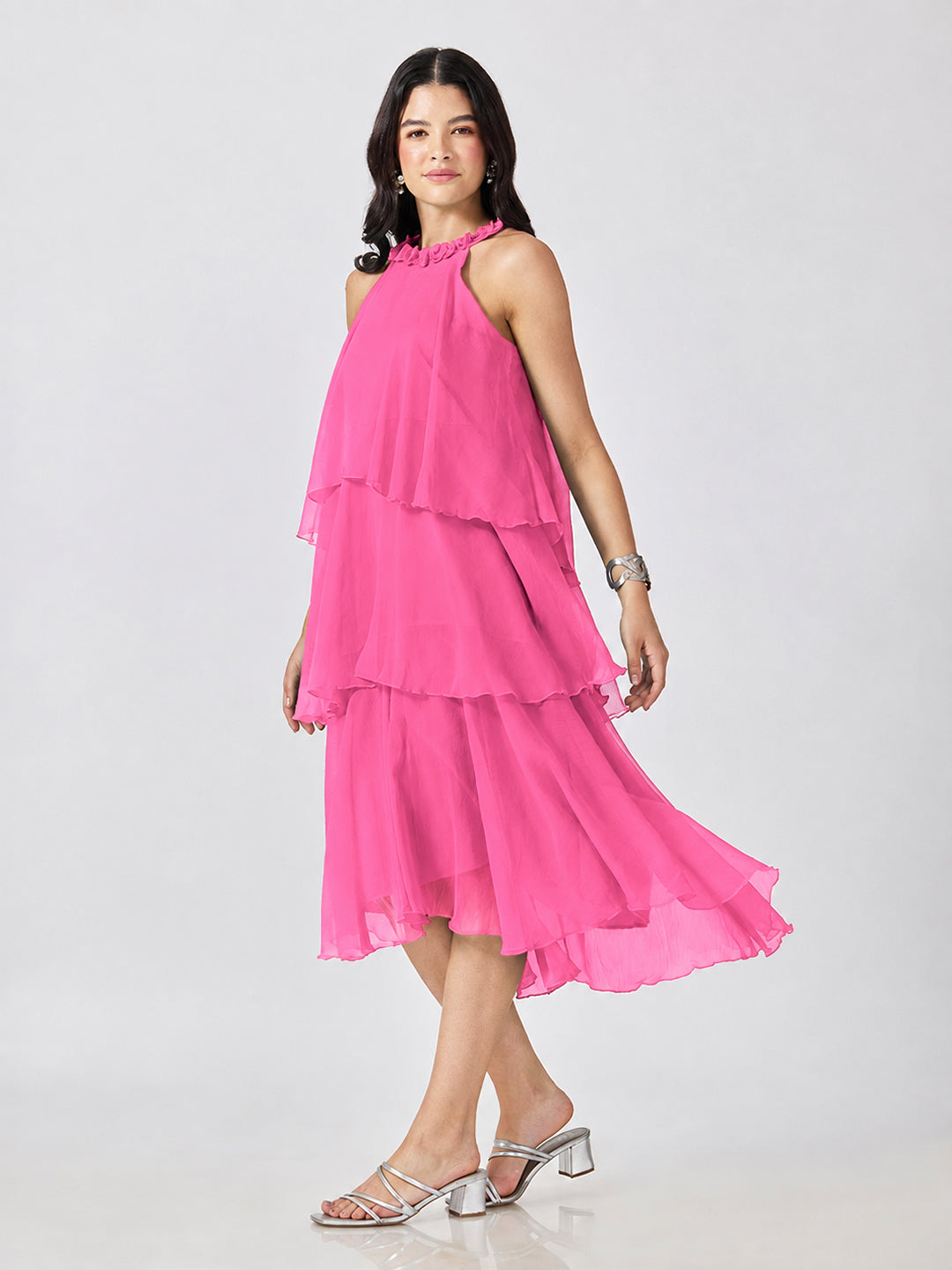 Women’s Pink Tiered Midi Dress with Ruffled Halter Neck