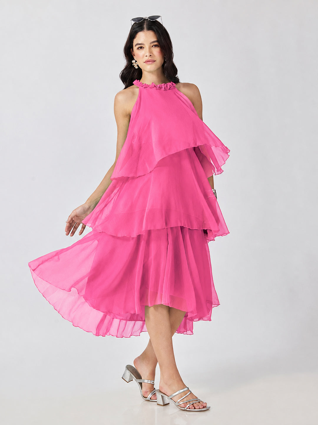 Women’s Pink Tiered Midi Dress with Ruffled Halter Neck