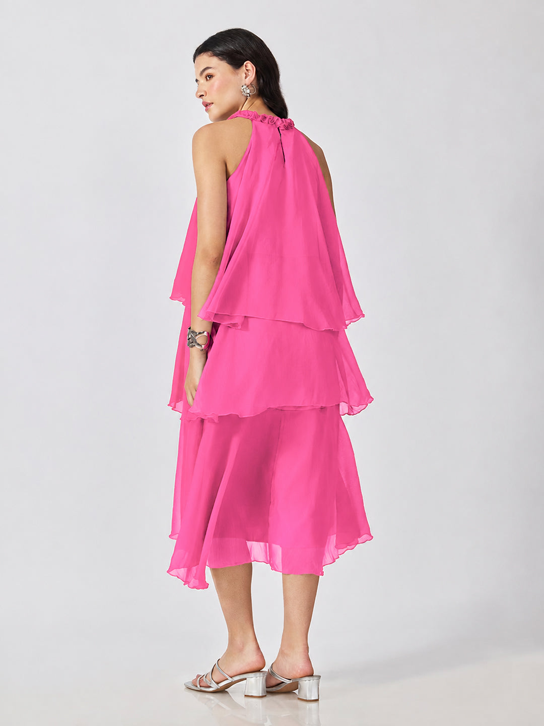 Women’s Pink Tiered Midi Dress with Ruffled Halter Neck
