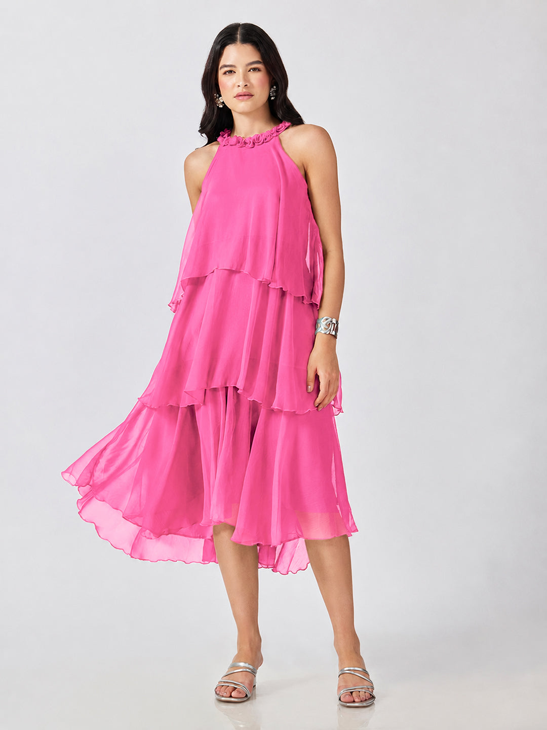 Women’s Pink Tiered Midi Dress with Ruffled Halter Neck