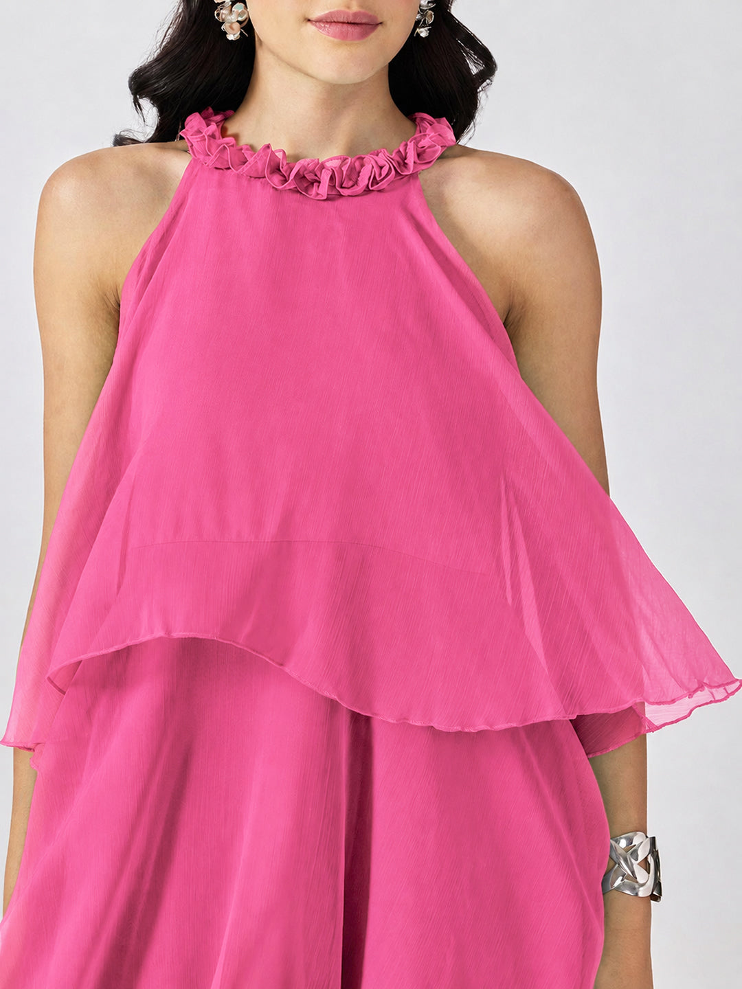 Women’s Pink Tiered Midi Dress with Ruffled Halter Neck